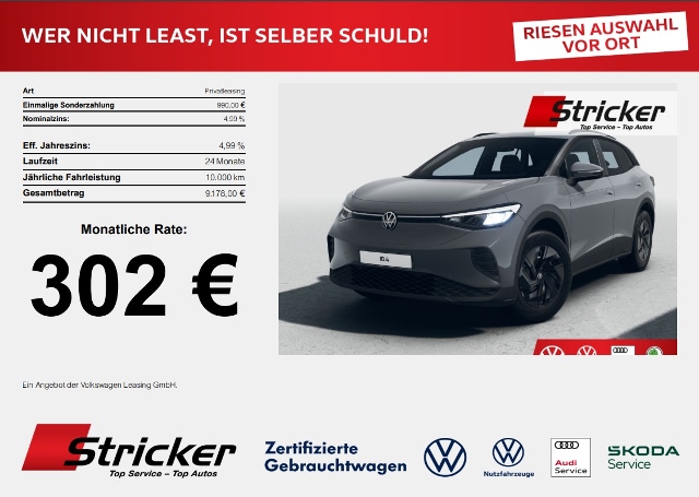 Volkswagen ID.4 Pure 170 PS 52 kWh 362,- mtl. App-Connect LED Verkehrszeichenerkennung